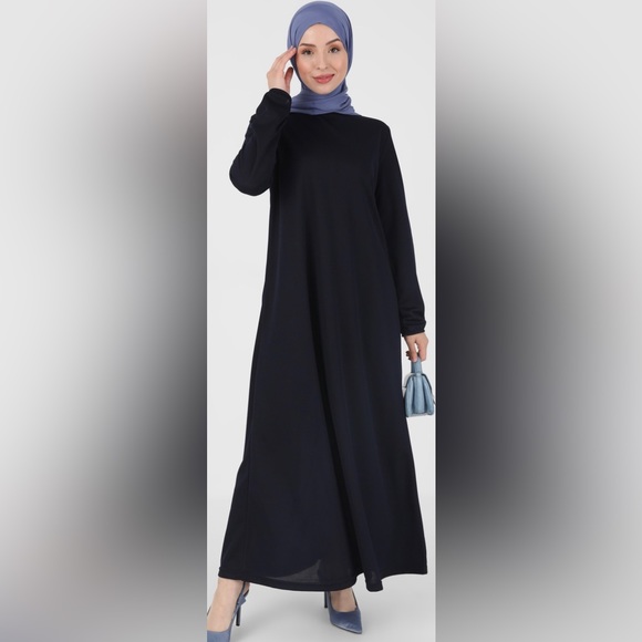 Navy Blue Long Modest Dress - Picture 2 of 4